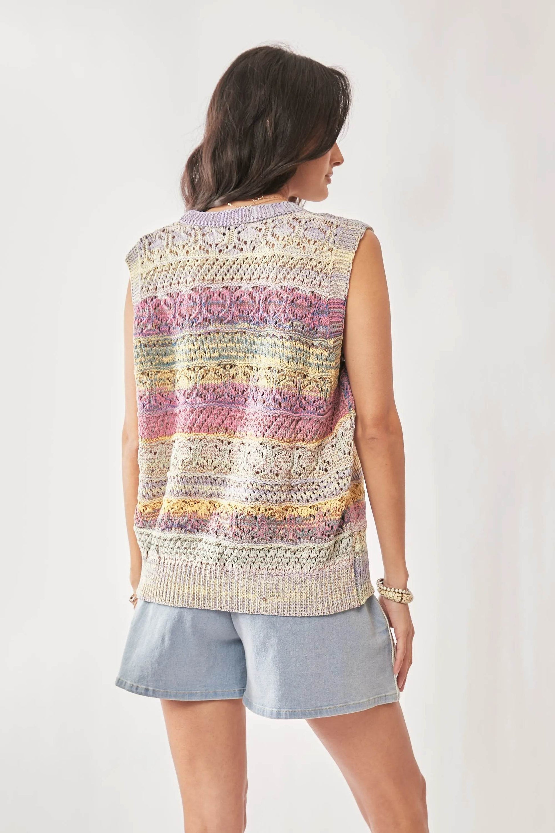 Davi & Dani Multi Color Crochet Sleeveless Knit Vest Top - Tredona LLC