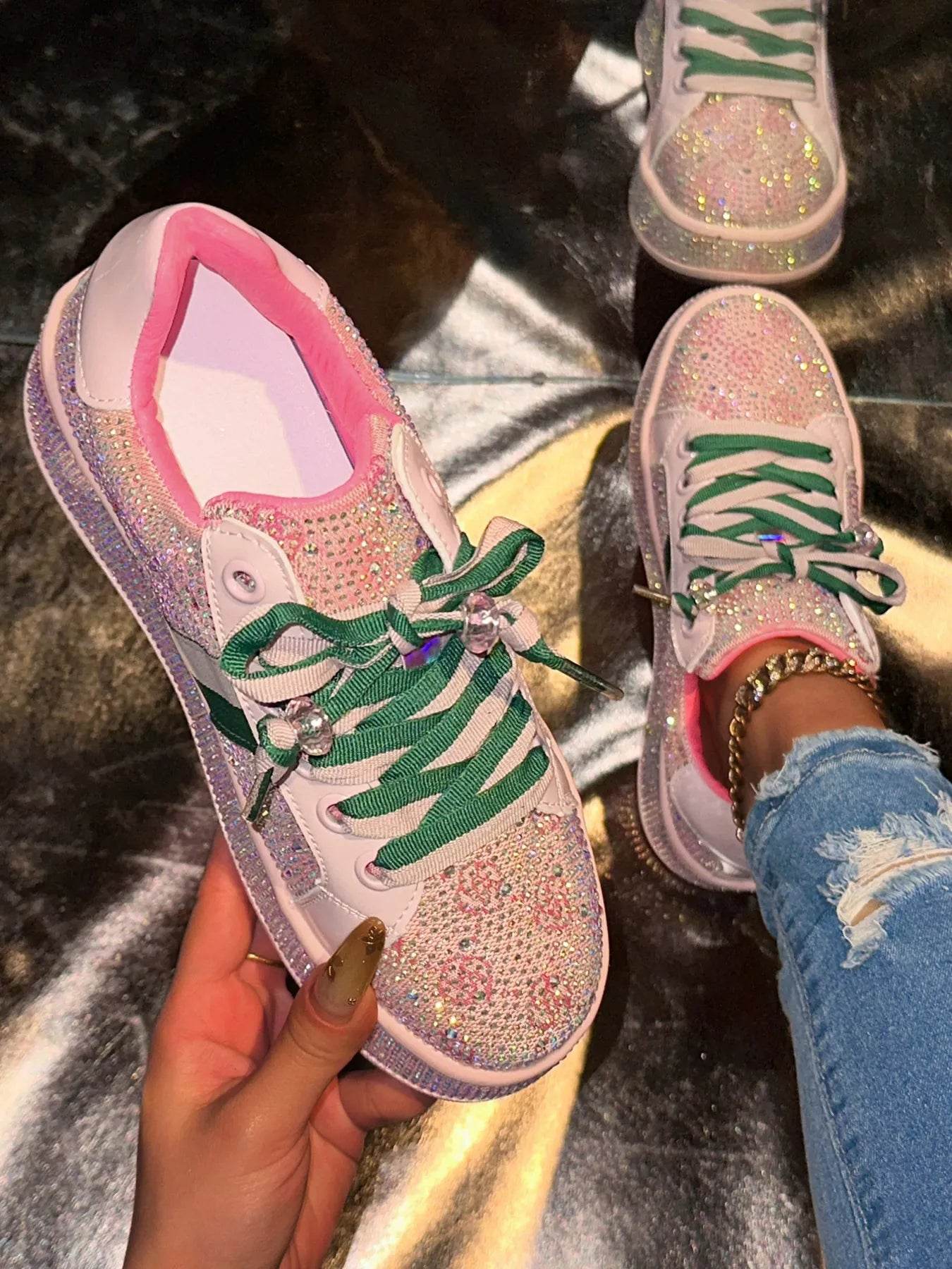 Rhinestone Round Toe Sneakers - Tredona LLC