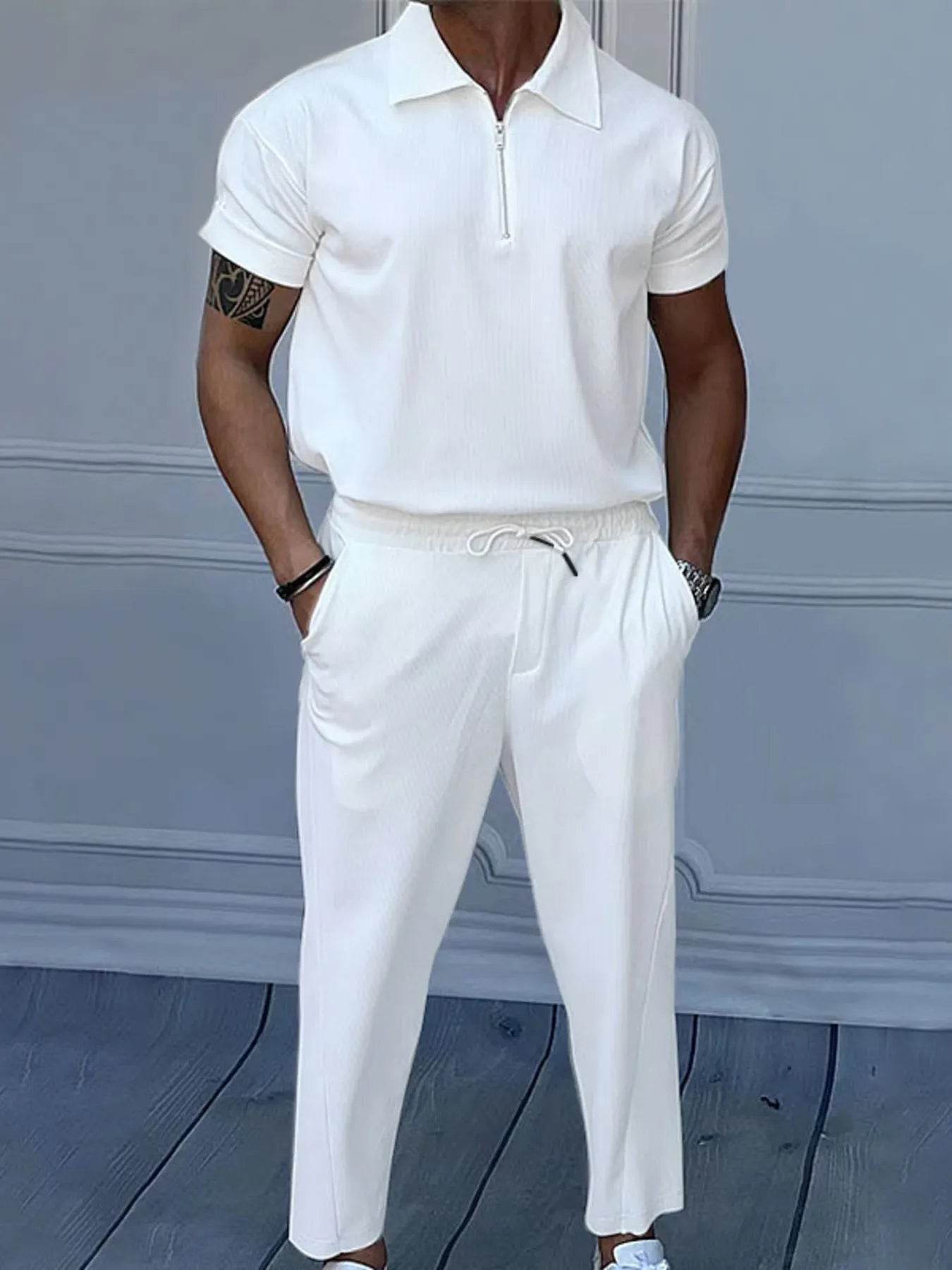 Men's Full Size Quarter Zip Short Sleeve Polo and Pants Set Plus Size - Tredona LLC