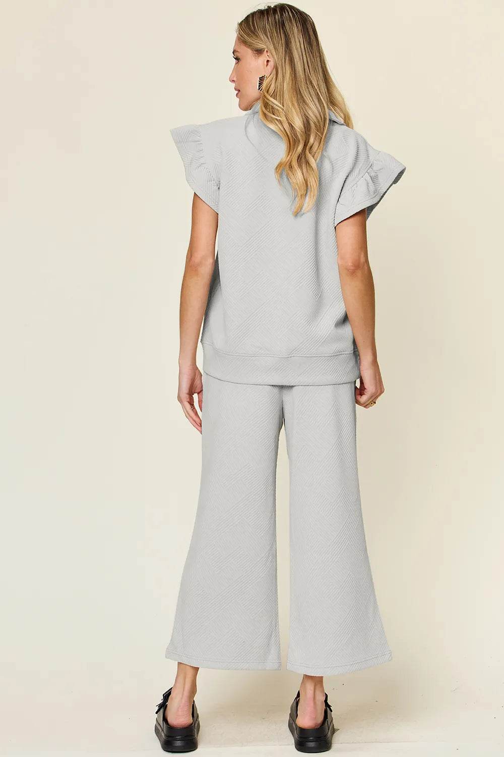 Double Take Texture Ruffle Short Sleeve Top and Drawstring Wide Leg Pants Set - Tredona LLC