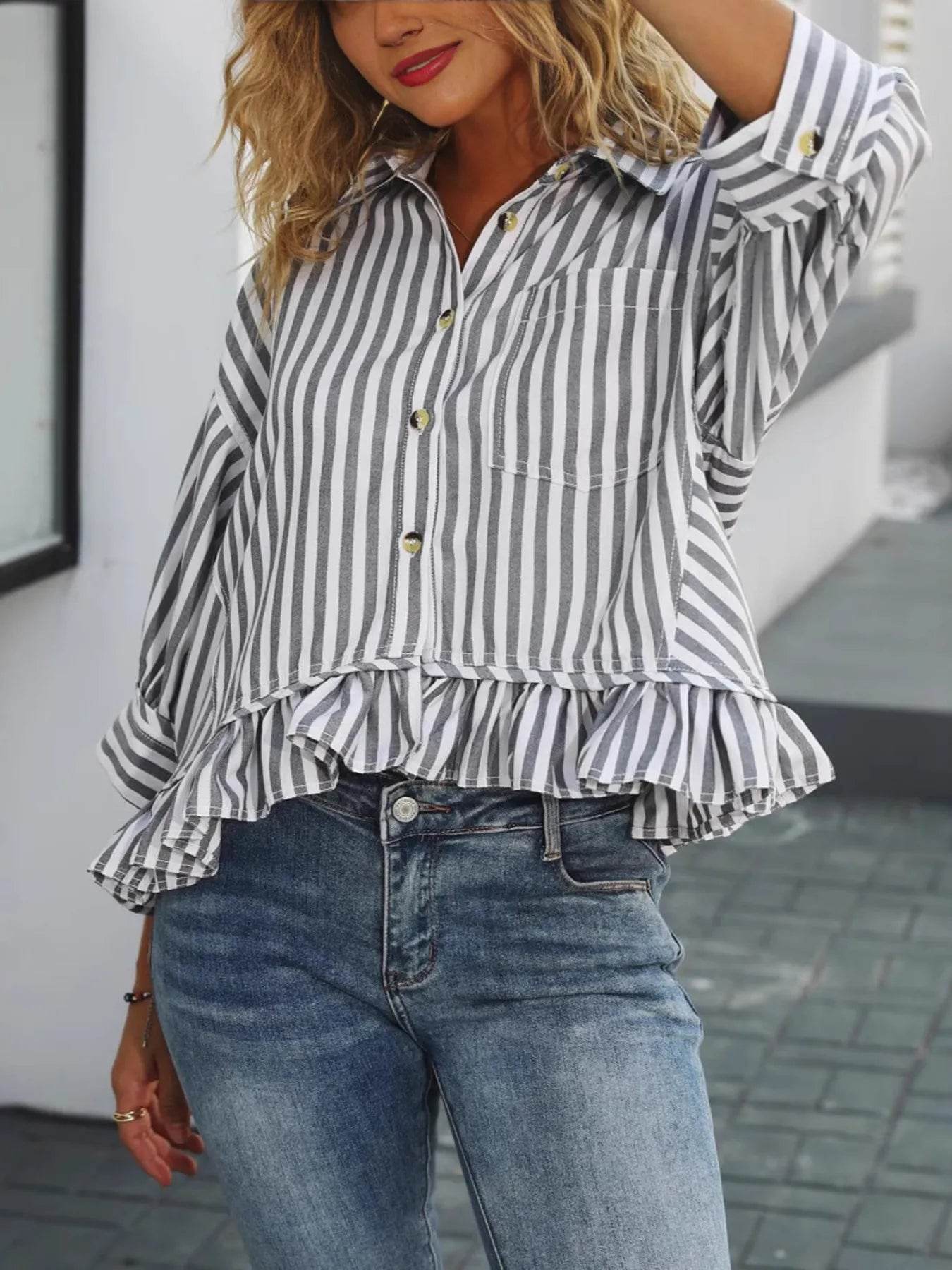 Striped Ruffle Hem Button-Up Shirt - Tredona LLC