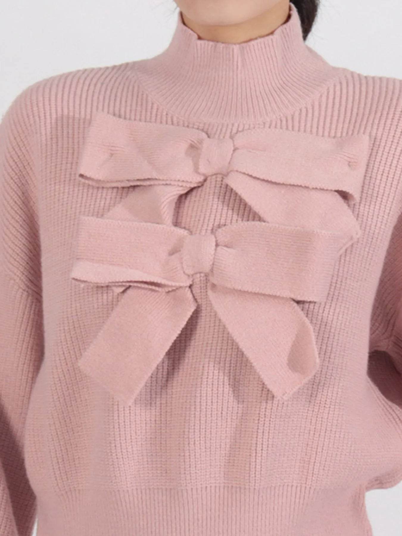 Bow Front Turtleneck Long Sleeve Sweater - Tredona LLC
