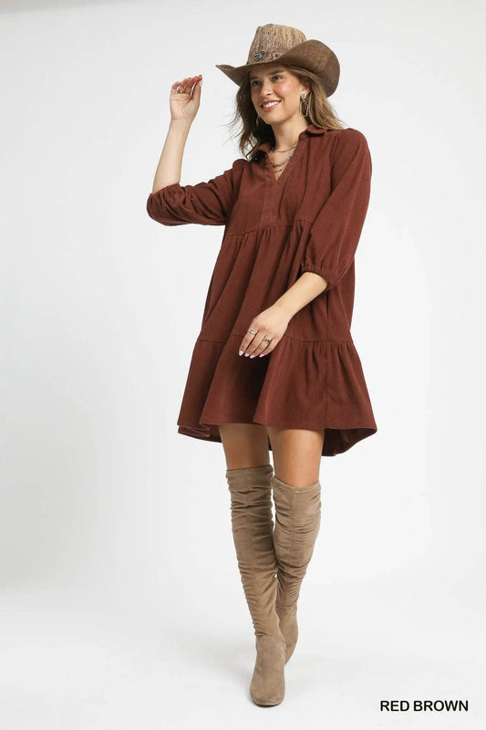 Umgee Tiered Corduroy Mini Dress with Balloon Sleeves - Tredona LLC
