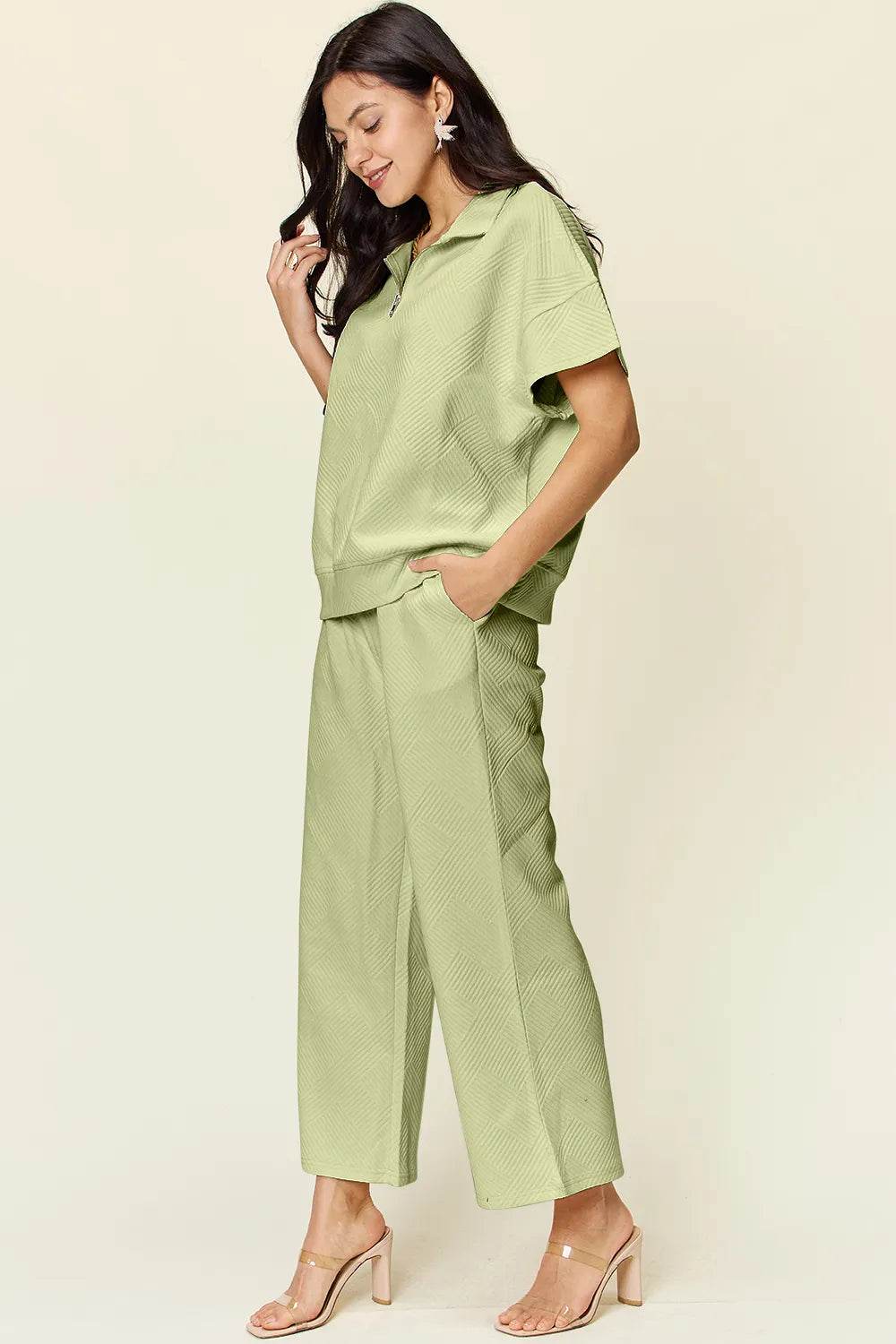 Double Take Full Size Texture Half Zip Short Sleeve Top and Pants Set - Tredona LLC