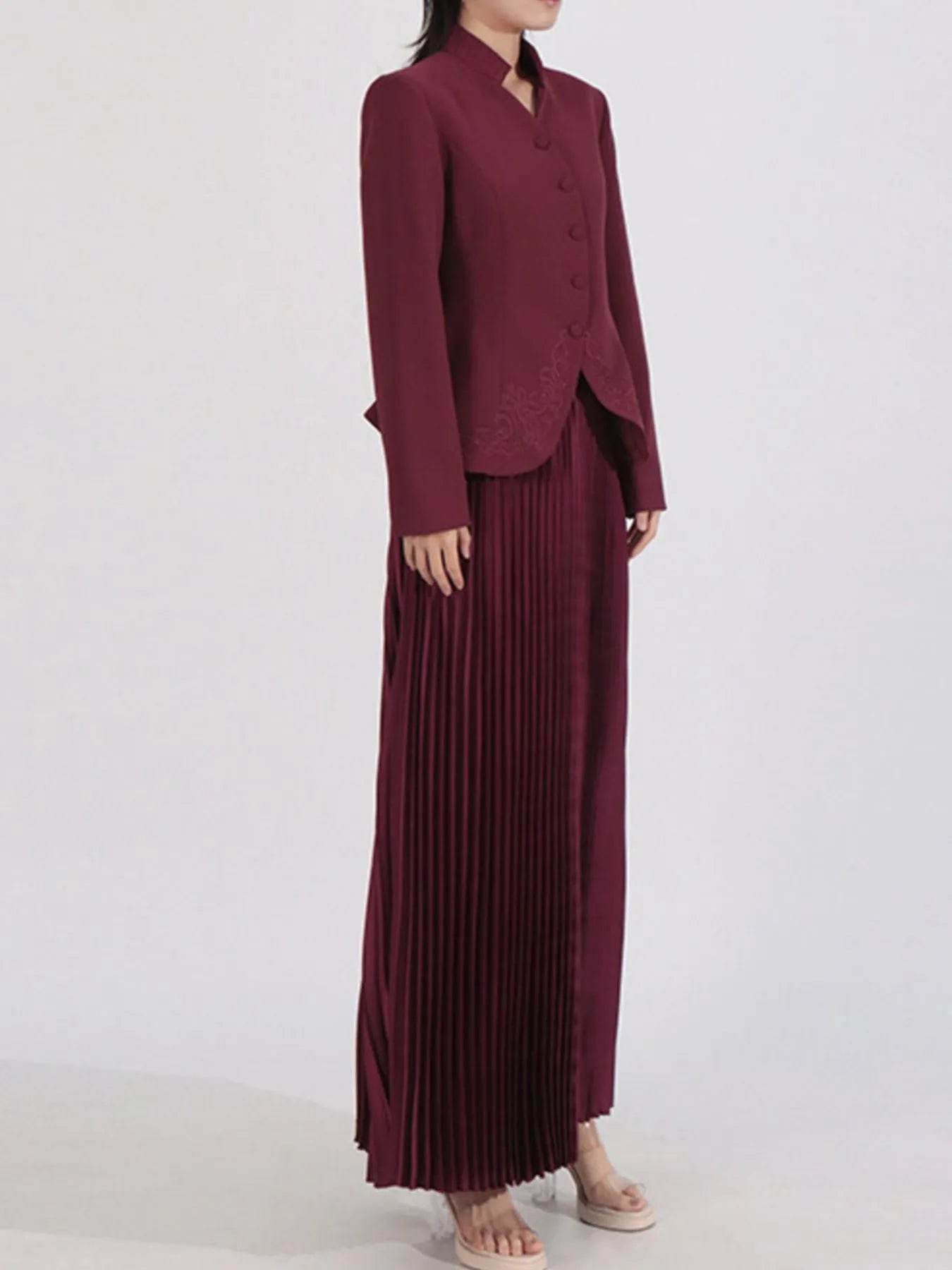 Button Up Long Sleeve Top and Pleated Skirt Set - Tredona LLC