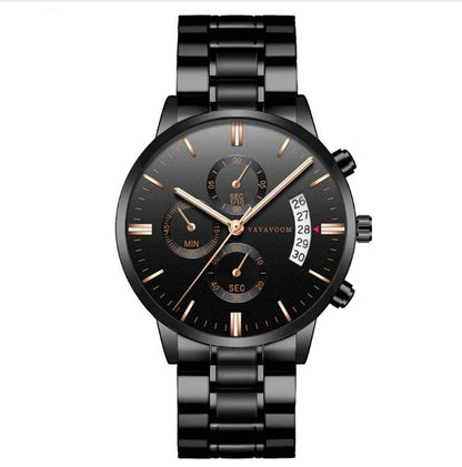 Men''s Stainless Steel Watches with Business Leisure Calendar Quartz Watches Waterproof Black Refined Steel Watches - Tredona LLC
