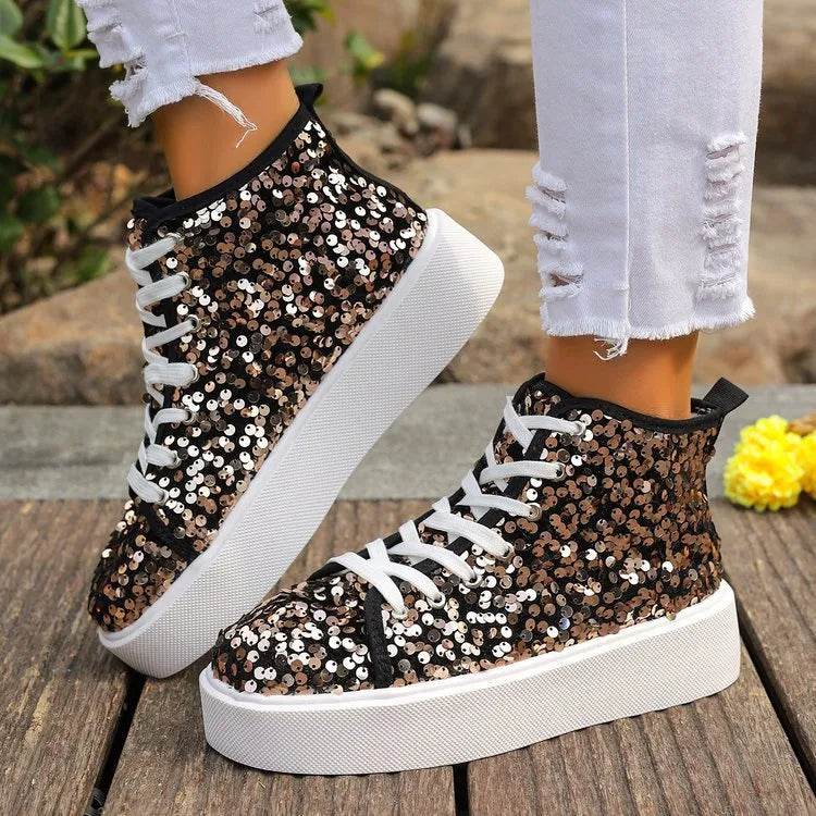 Sequin Round Toe Platform Sneakers - Tredona LLC