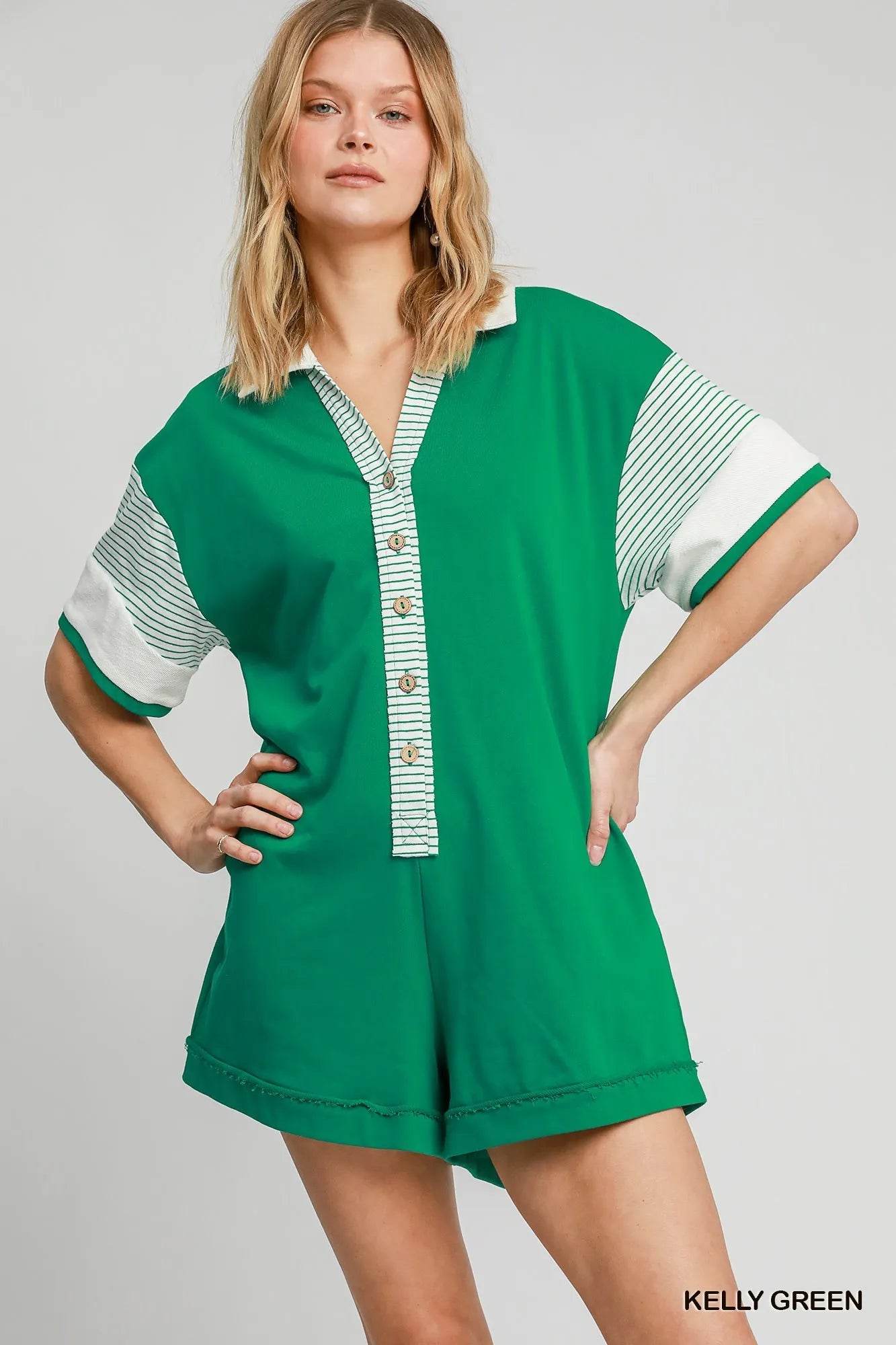 Umgee French Terry Collared Colorblock Romper - Tredona LLC