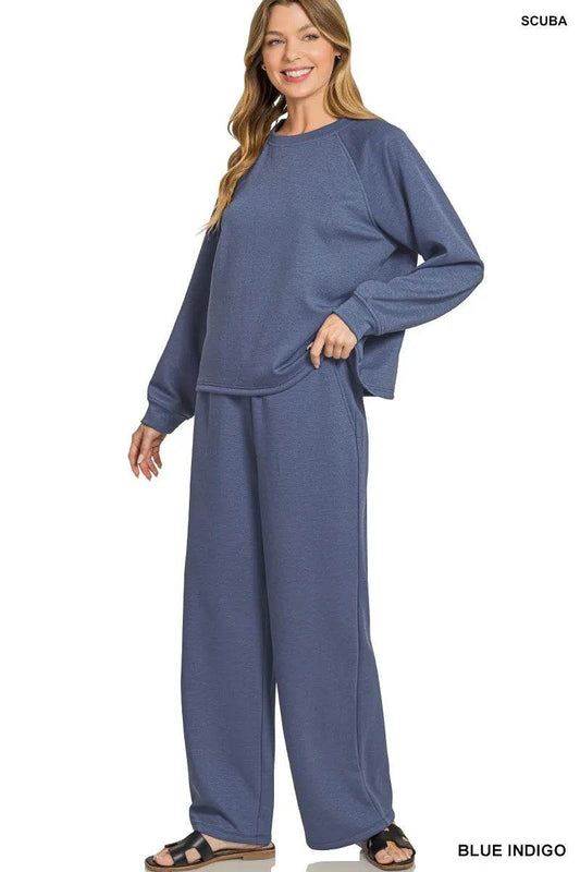 Zenana Scuba Crewneck Sweatshirt and Pants Set - Tredona LLC