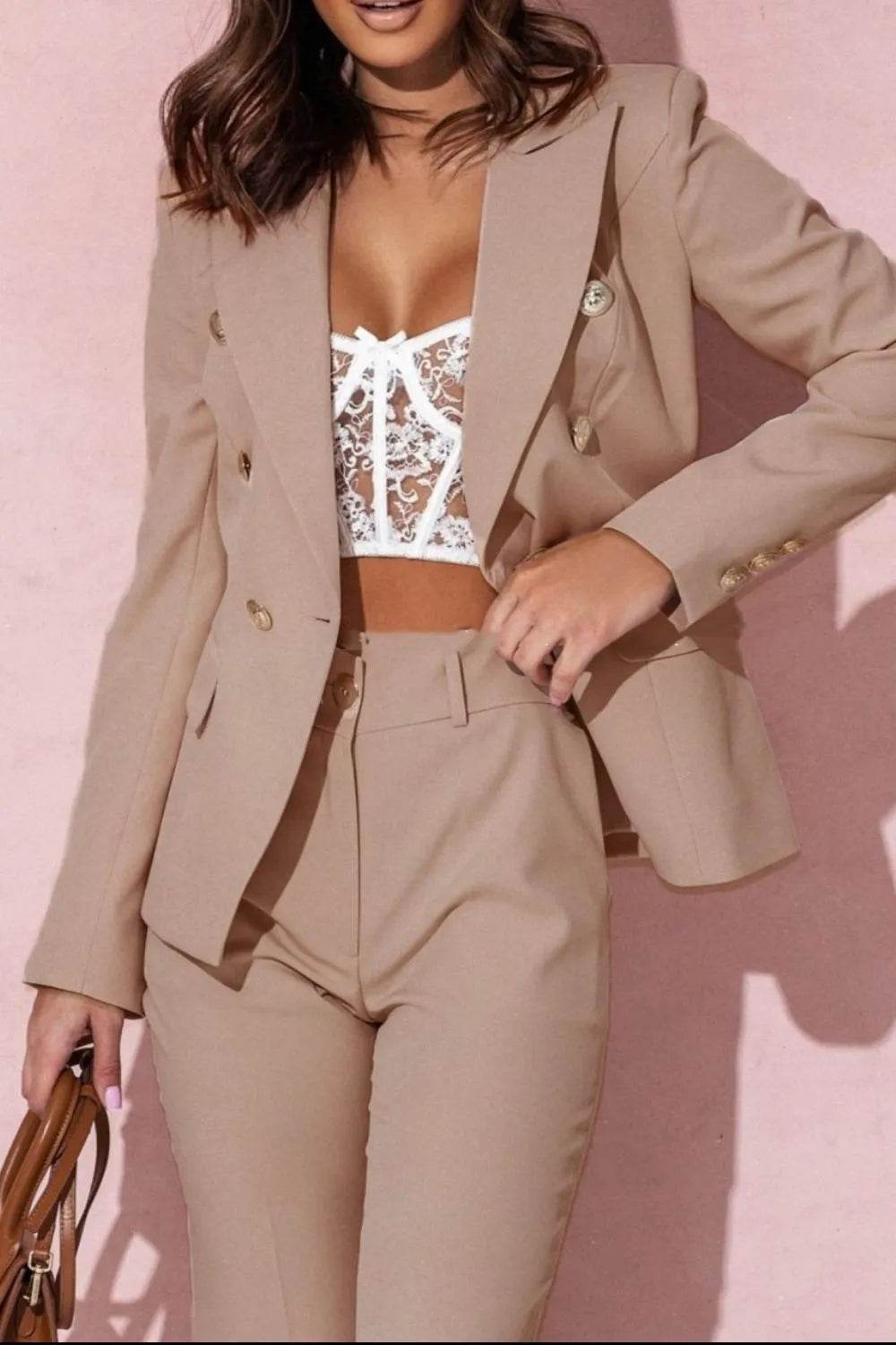 Full Size Lapel Collar Long Sleeve Blazer and Pants Set Plus Size - Tredona LLC