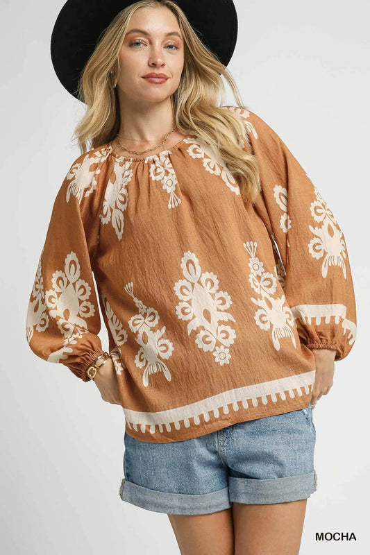 Umgee Full Size Two Tone Border Print Top with Balloon Sleeves Plus Size - Tredona LLC