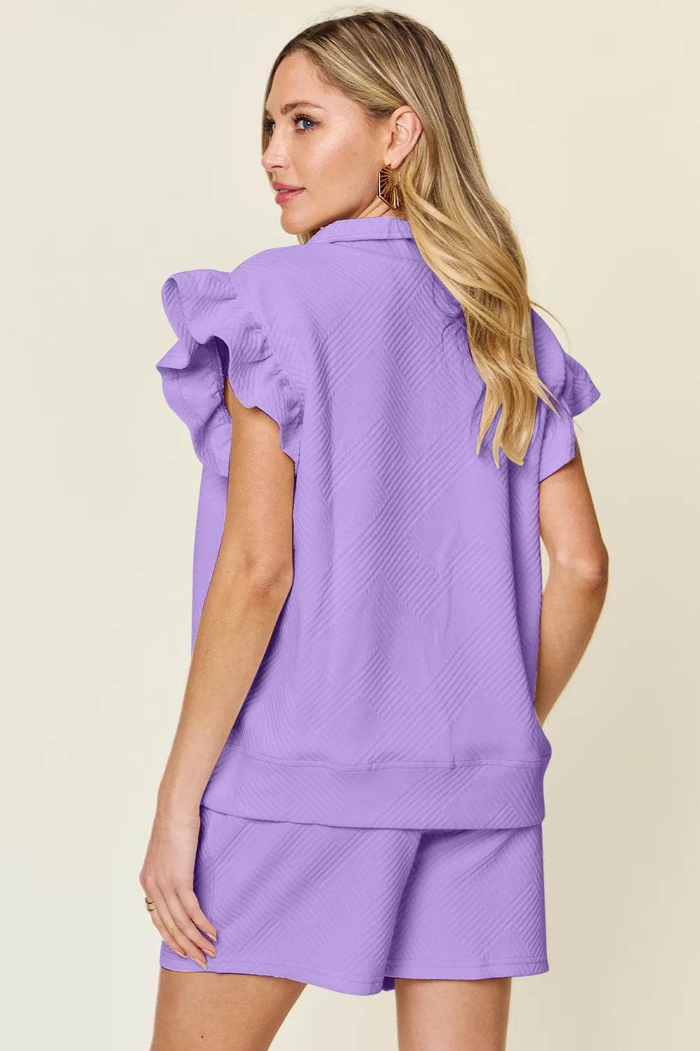 Double Take Full Size Texture Flounce Sleeve Top and Drawstring Shorts Set - Tredona LLC