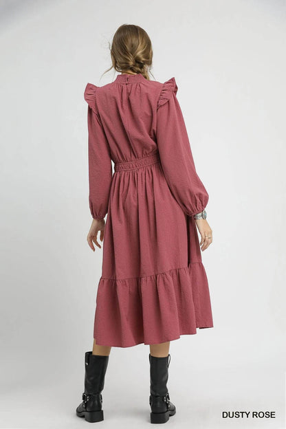 Umgee Textured Midi Dress with Ruffle Shoulder Detail - Tredona LLC