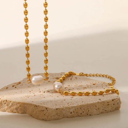 Pearl and Gold Chain Jewelry Set with Necklace and Bracelet - Tredona LLC