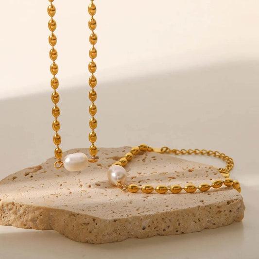 Pearl and Gold Chain Jewelry Set with Necklace and Bracelet - Tredona LLC