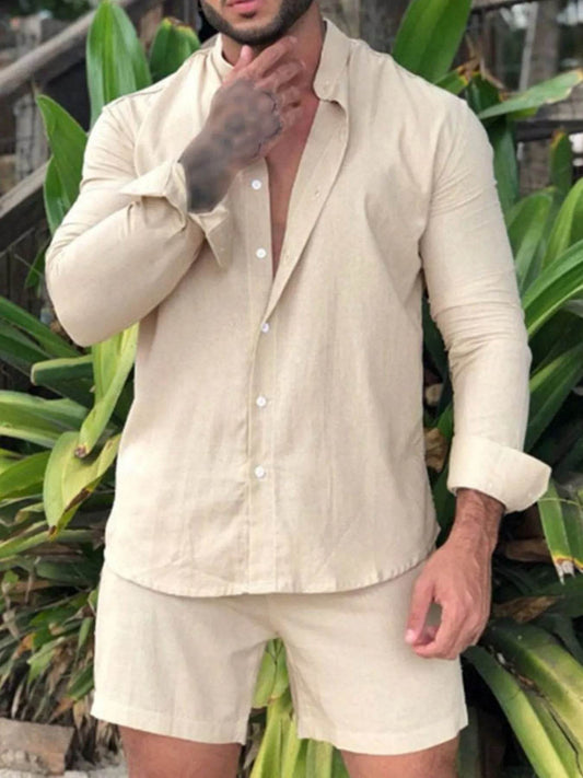 Men's Full Size Button Up Long Sleeve Shirt and Shorts Set Plus Size - Tredona LLC