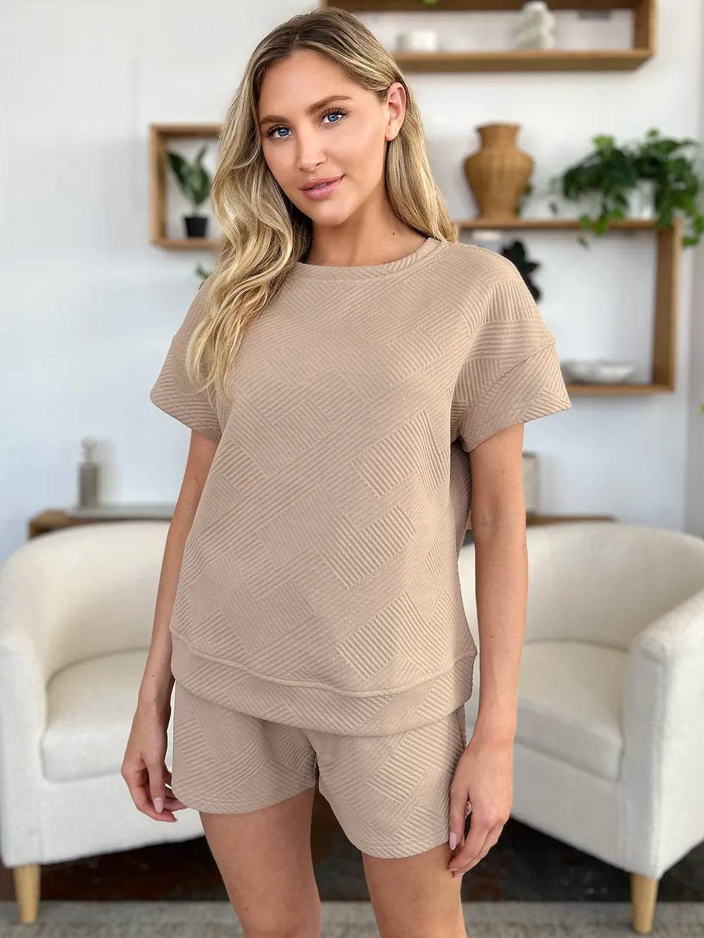 Double Take Full Size Texture Short Sleeve T-Shirt and Drawstring Shorts Set - Tredona LLC