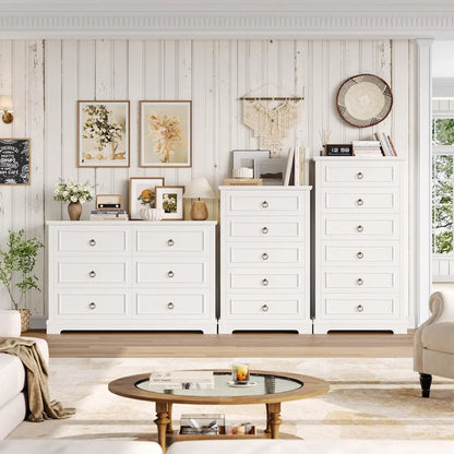 HOSTACK 5 Drawers Dresser for Bedroom, 44 Tall White Dresser with 5 Drawers, White Chest of Drawers with Storage, Modern Farmhou