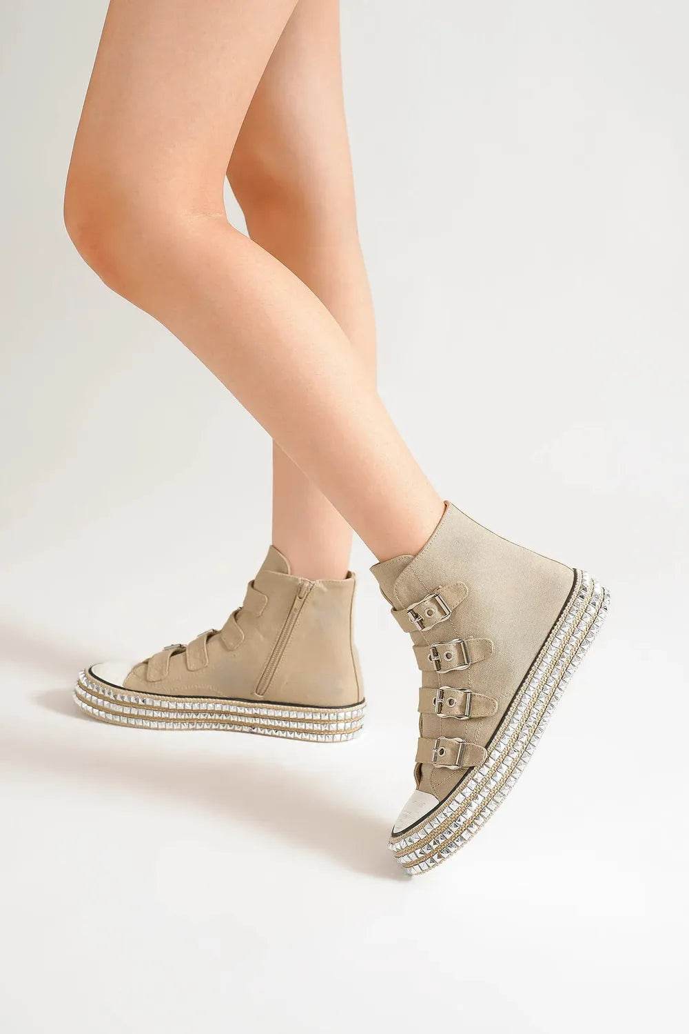 Beast Fashion Multi-Buckle Straps Studded Platform Sneakers - Tredona LLC