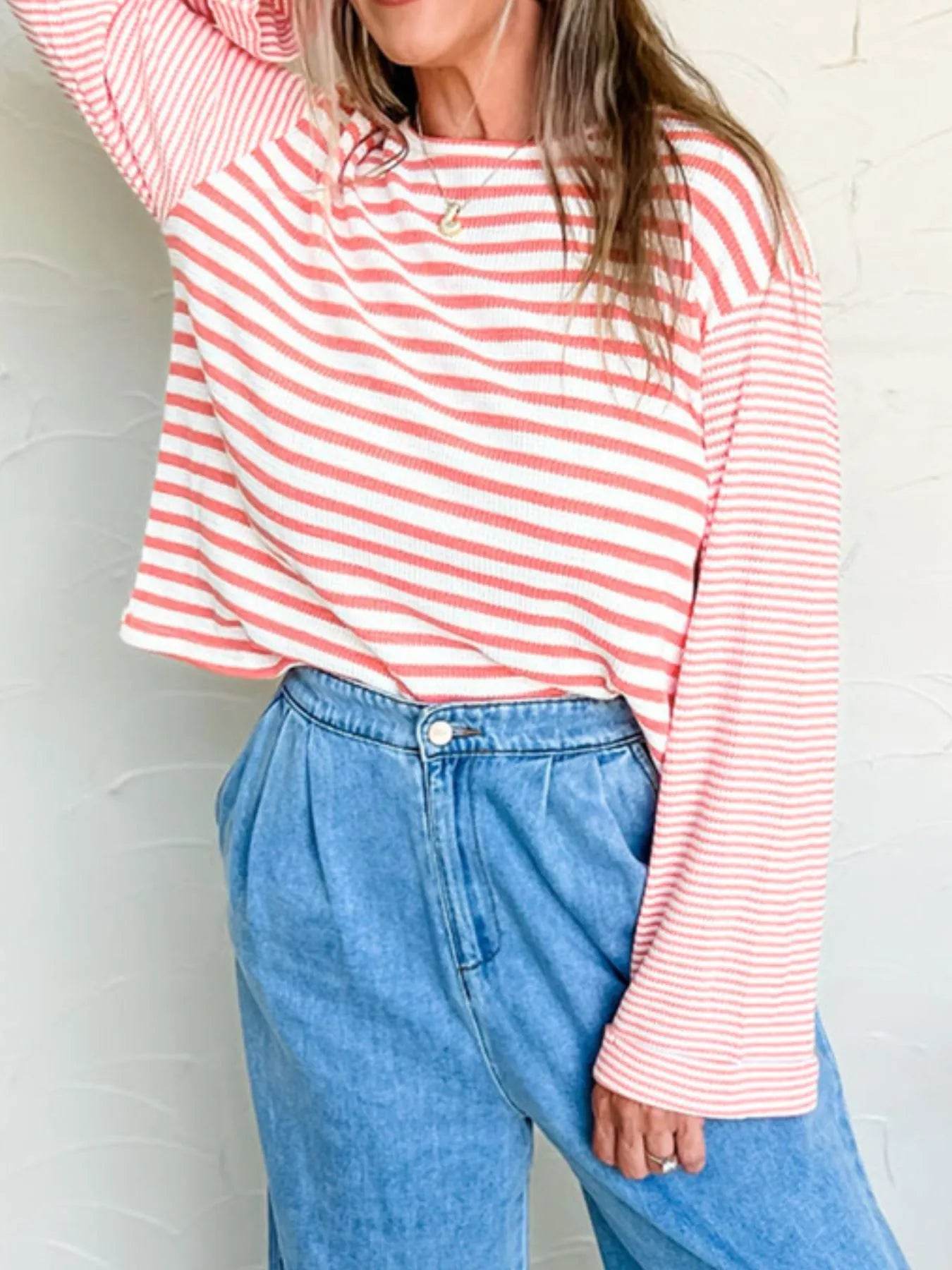 Striped Long Sleeve Ribbed Blouse - Tredona LLC
