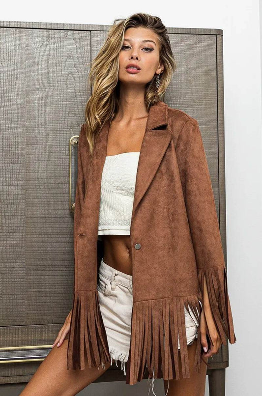 BiBi Single Blazer with Fringed Hem - Tredona LLC