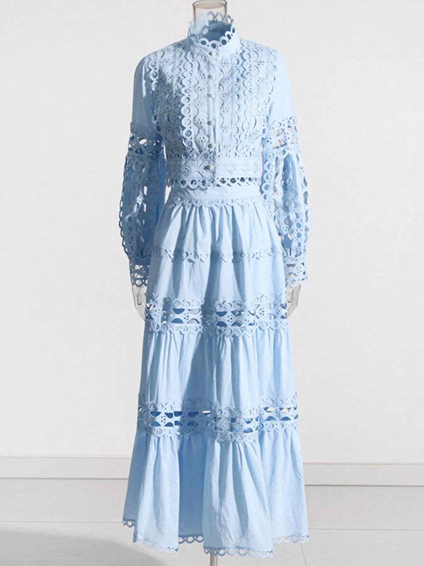 Lace Button Up Long Sleeve Top and Skirt Set - Tredona LLC