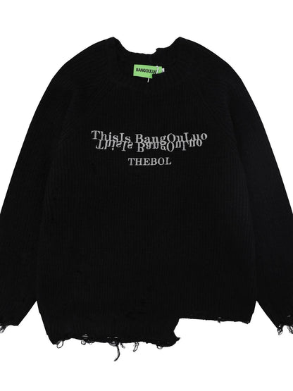 Men's Distressed Letter Ribbed Knit Sweater - Tredona LLC