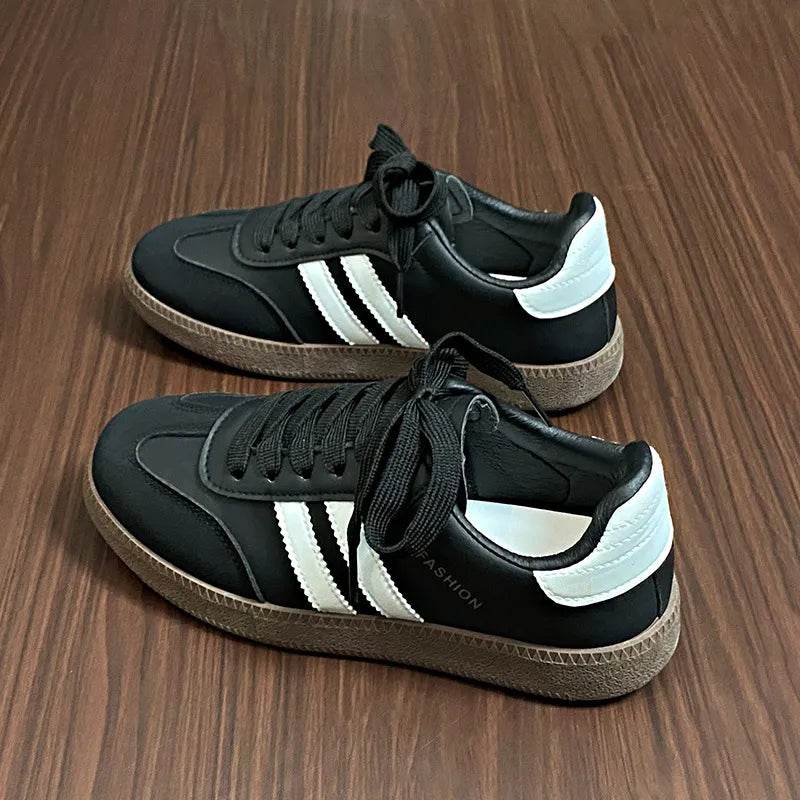 Side Striped Lace Up Round Toe Sneakers - Tredona LLC