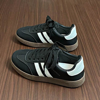 Side Striped Lace Up Round Toe Sneakers - Tredona LLC