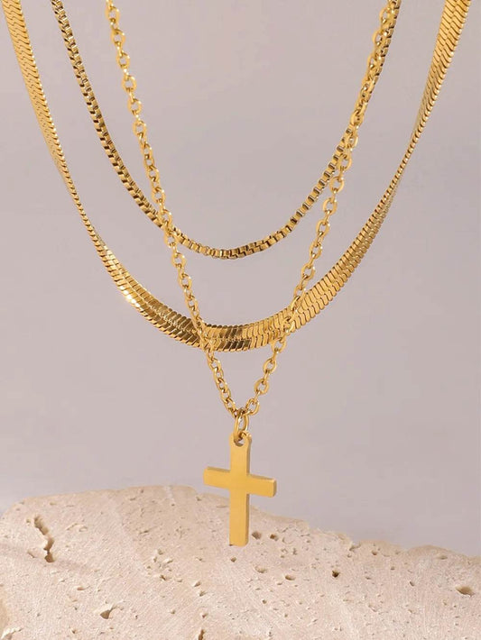 18K Gold-Plated Three-Layered Cross Necklace - Tredona LLC