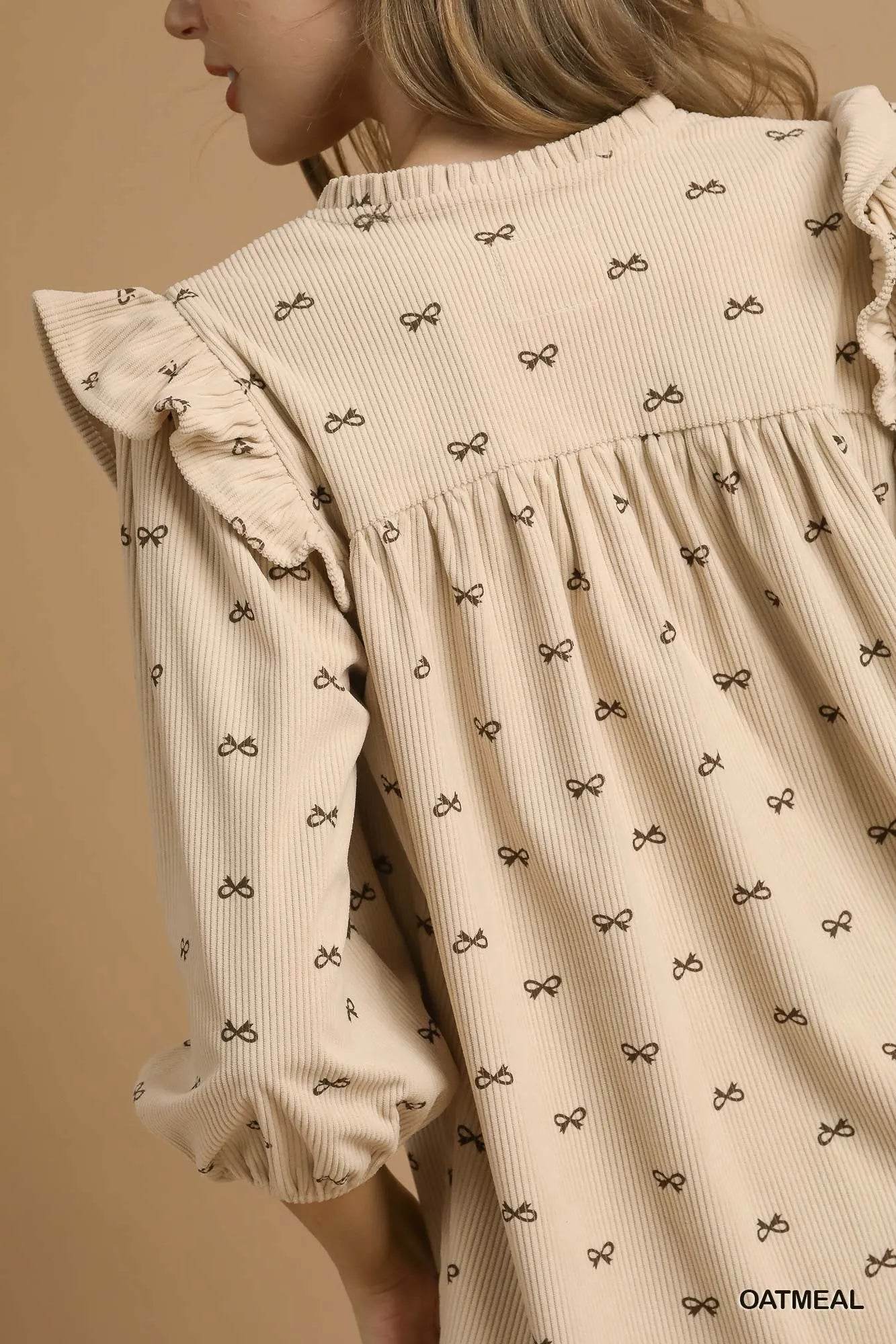 Umgee Bow Print Corduroy Puff Sleeve Blouse with Ruffled - Tredona LLC