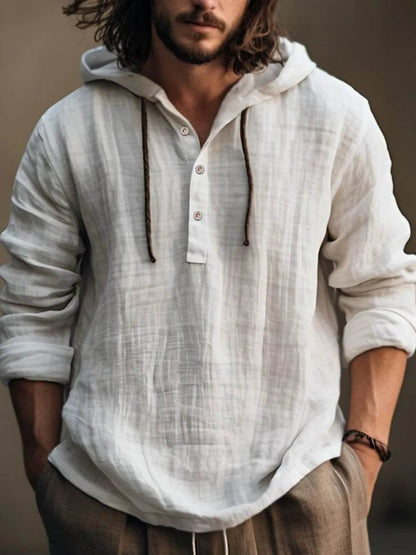 Men's Full Size Half Button Long Sleeve Hoodie - Tredona LLC