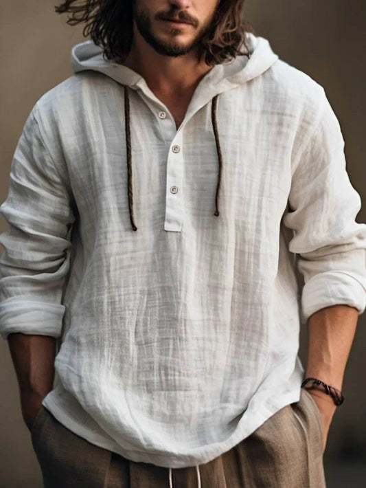 Men's Full Size Half Button Long Sleeve Hoodie - Tredona LLC