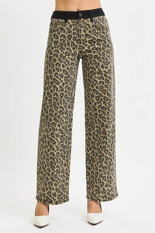 RISEN High Rise Wide Leg Leopard Printed Jeans with Contrast Waist Band Detail - Tredona LLC