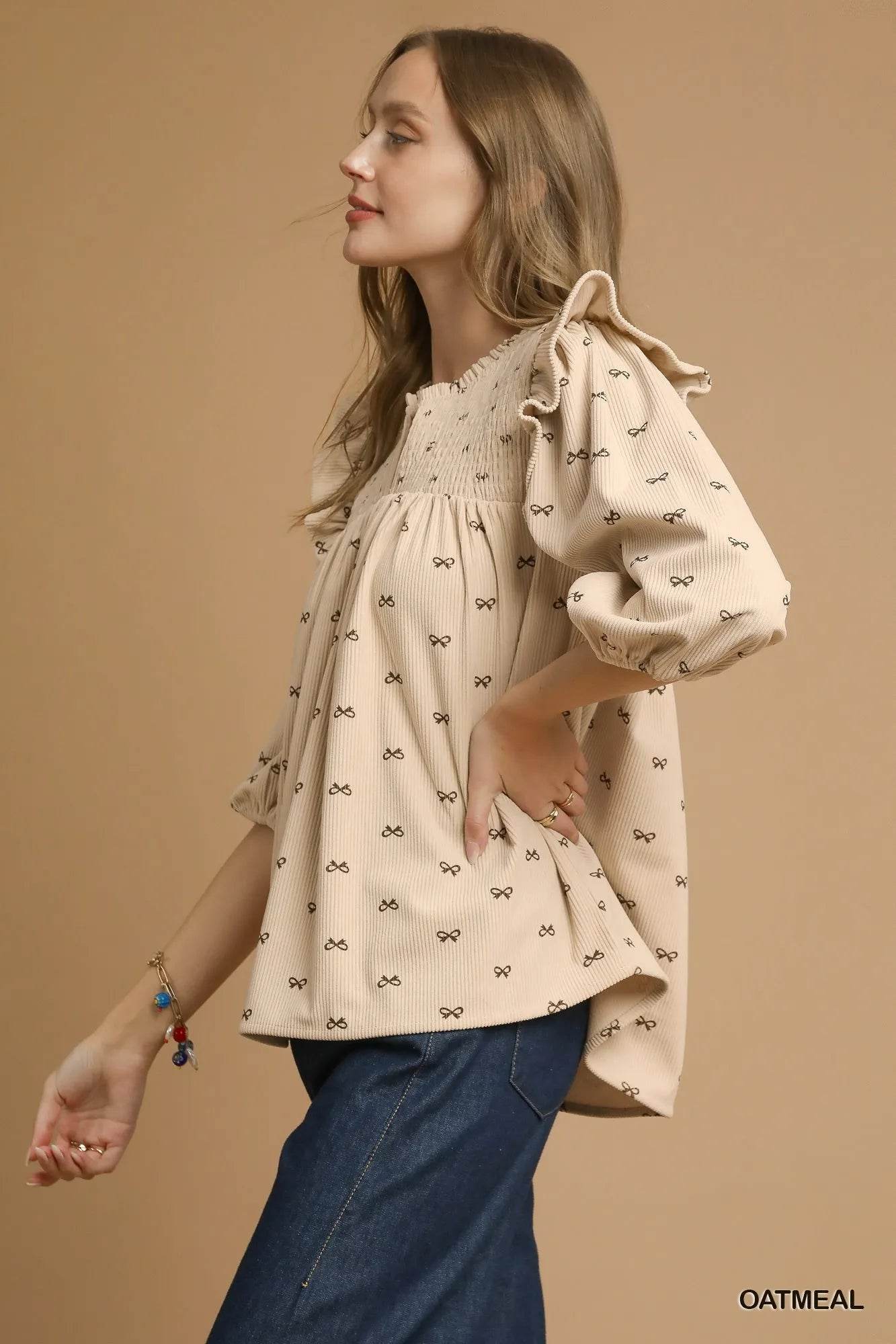 Umgee Bow Print Corduroy Puff Sleeve Blouse with Ruffled - Tredona LLC