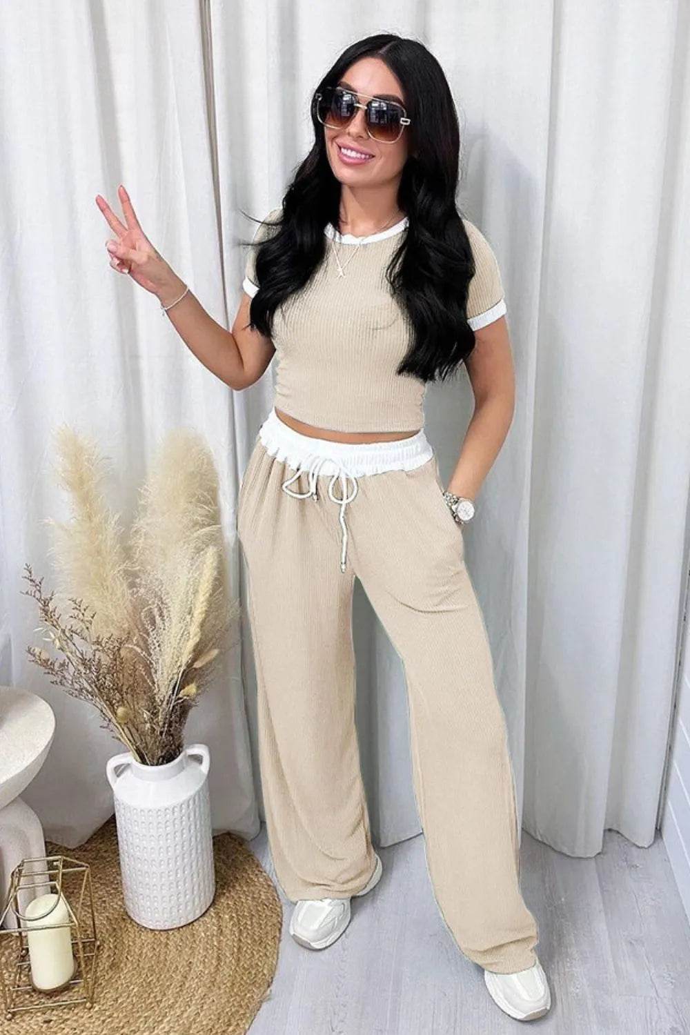 Contrast Trim Round Neck Top and Pants Set - Tredona LLC