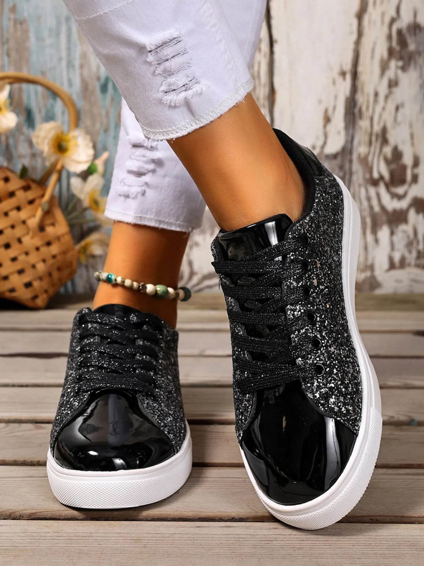 Sequin Lace Up Sneakers - Tredona LLC
