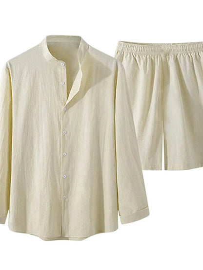 Men's Full Size Button Up Long Sleeve Shirt and Shorts Set Plus Size - Tredona LLC