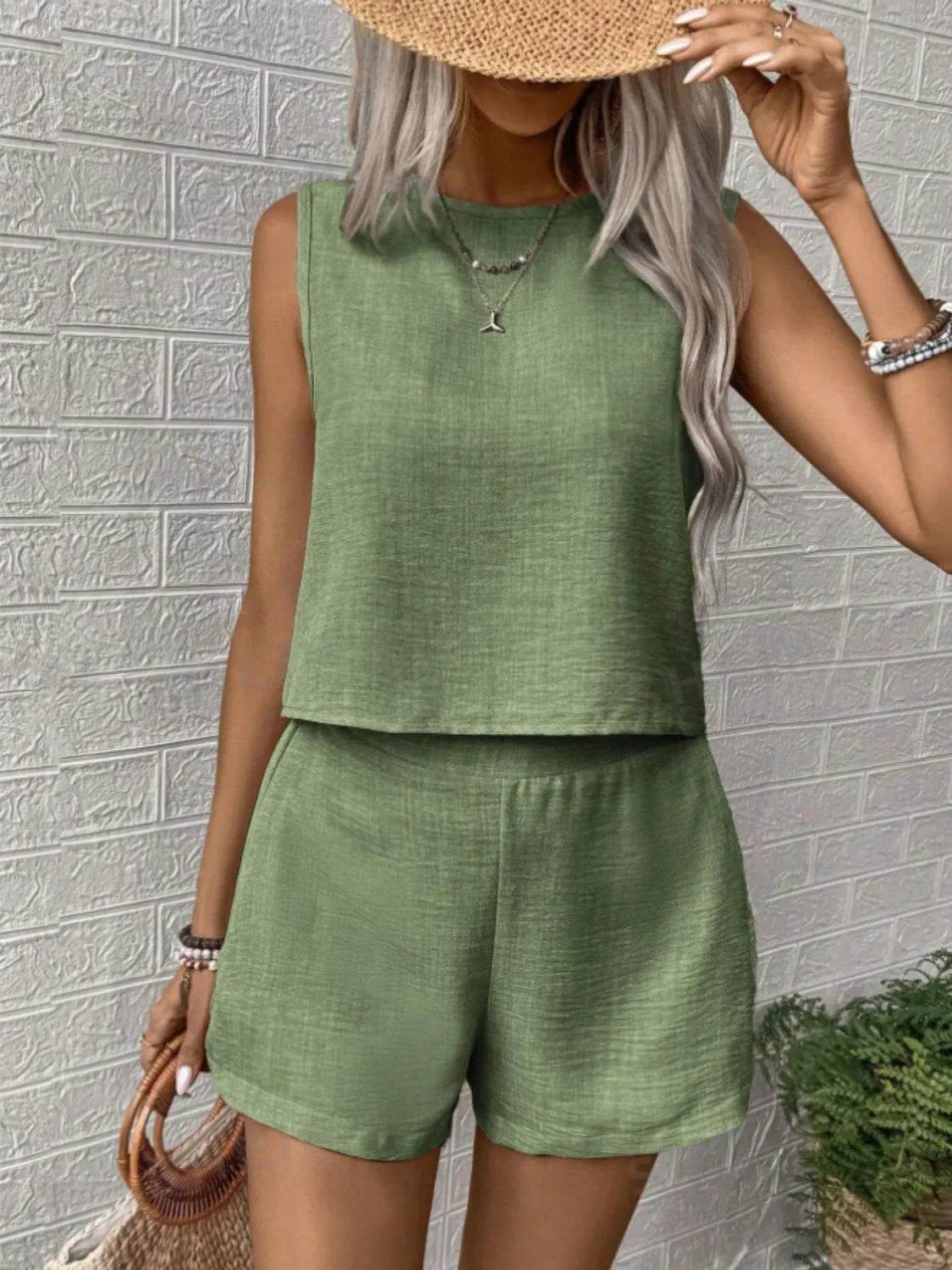 Round Neck Sleeveless Top and Shorts Set - Tredona LLC