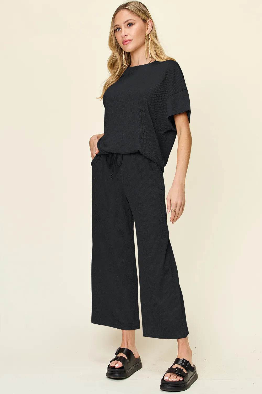 Double Take Full Size Texture Round Neck Short Sleeve T-Shirt and Wide Leg Pants - Tredona LLC