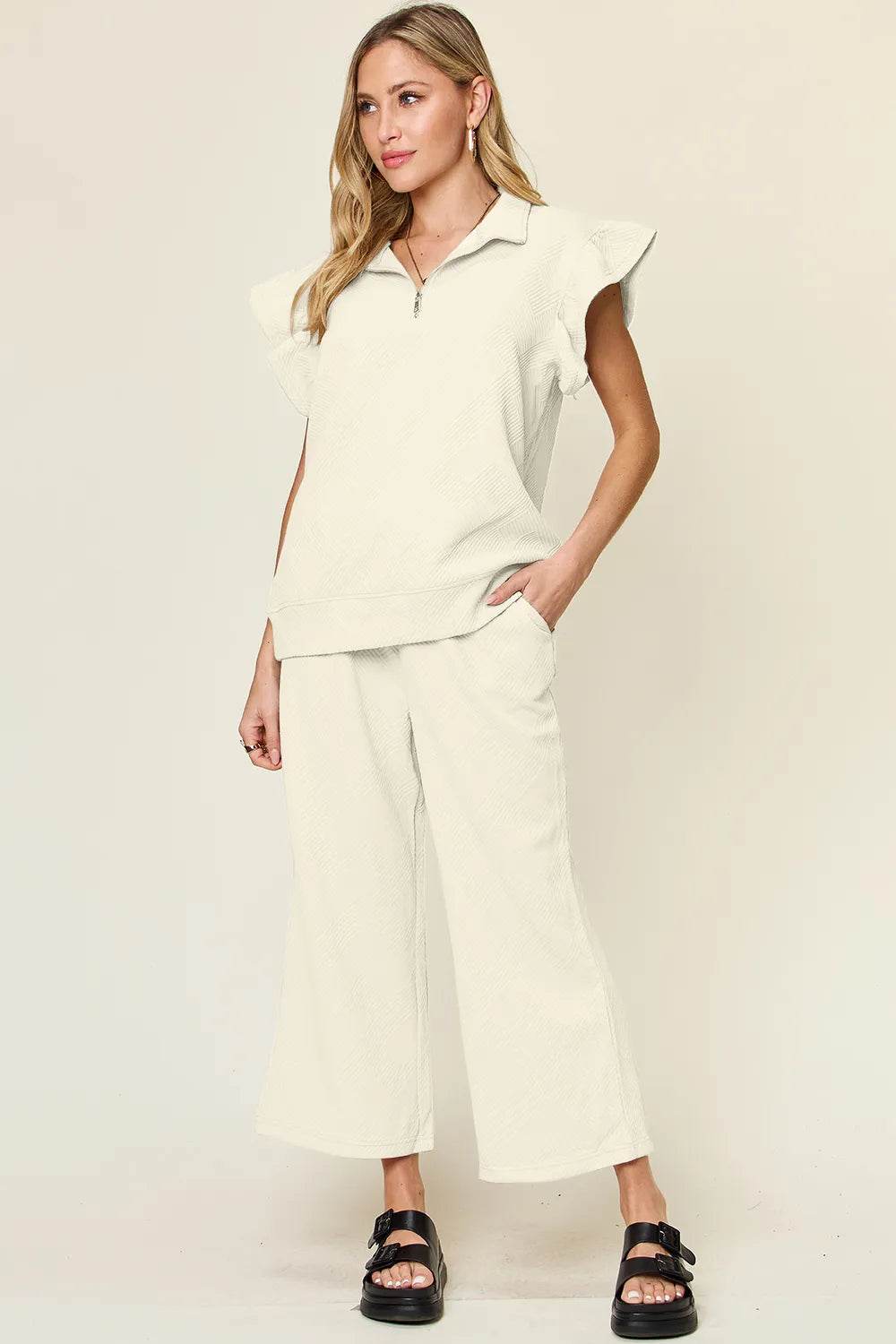 Double Take Texture Ruffle Short Sleeve Top and Drawstring Wide Leg Pants Set - Tredona LLC
