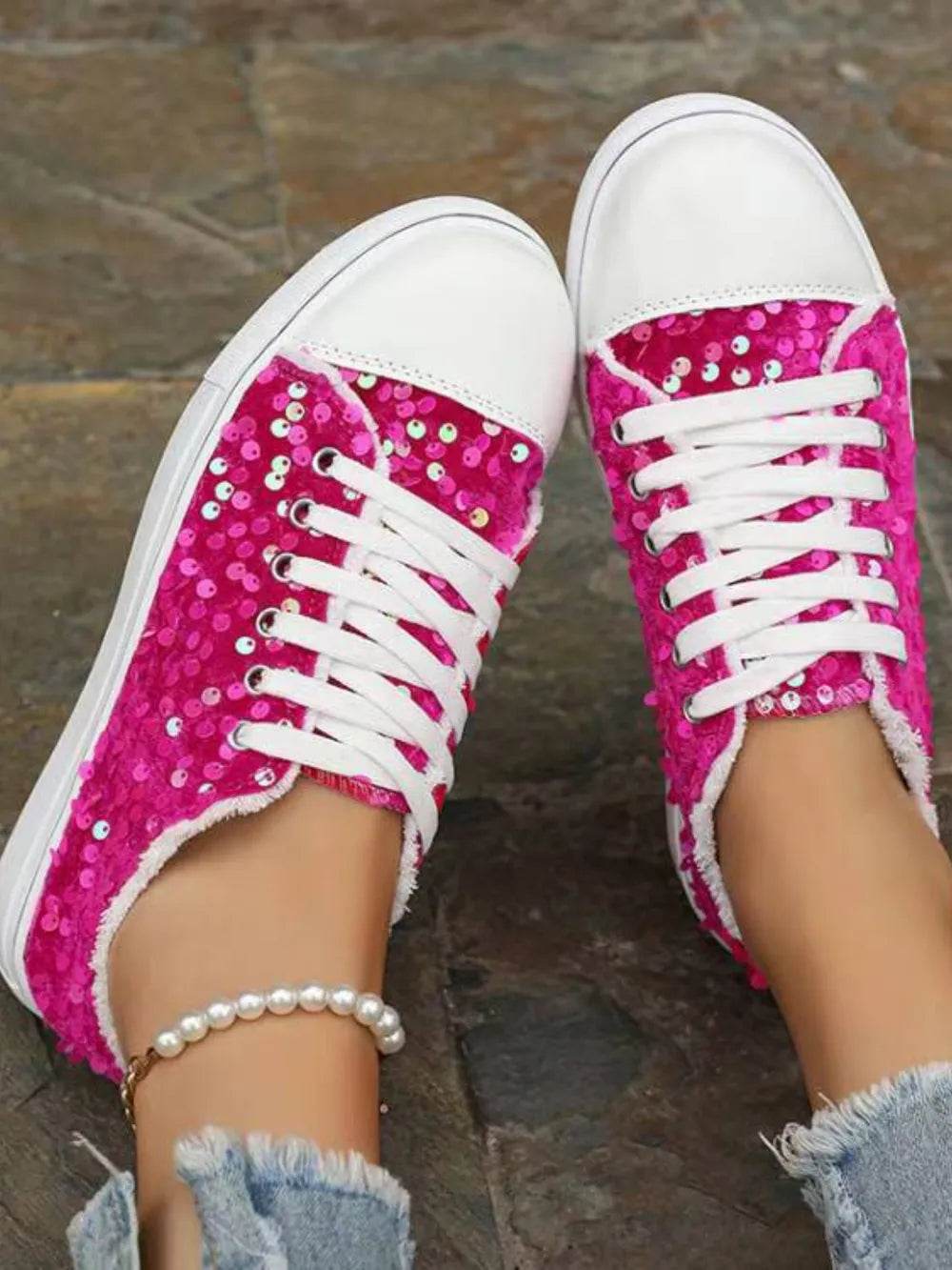 Sequin Round Toe Flat Sneakers - Tredona LLC