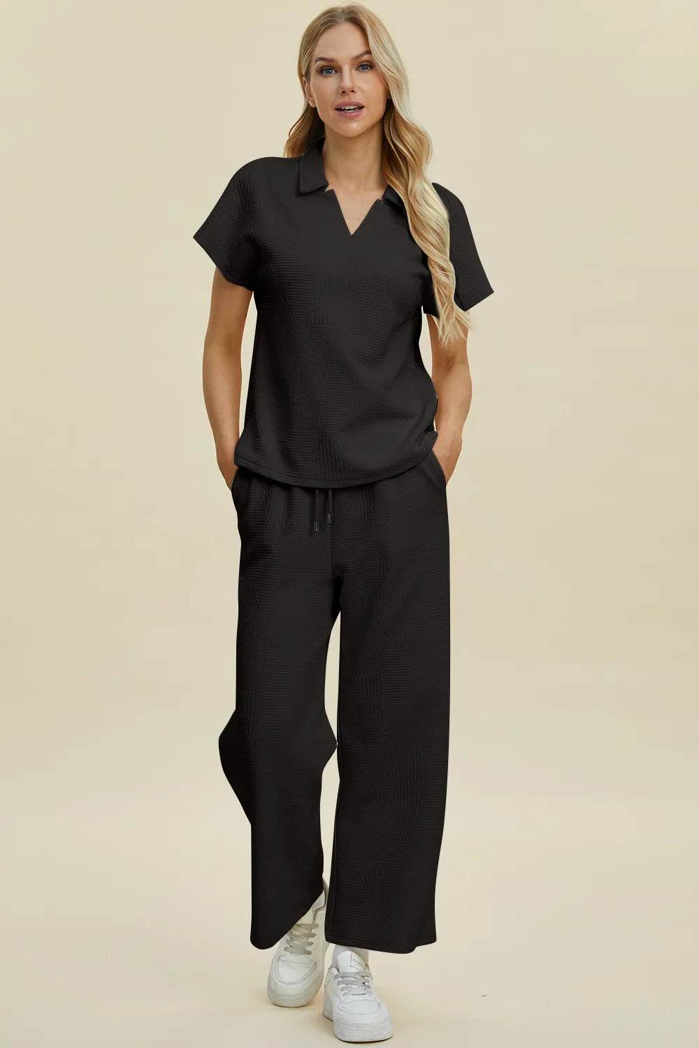 Double Take Full Size Collared Neck Short Sleeve Top and Pants Set - Tredona LLC