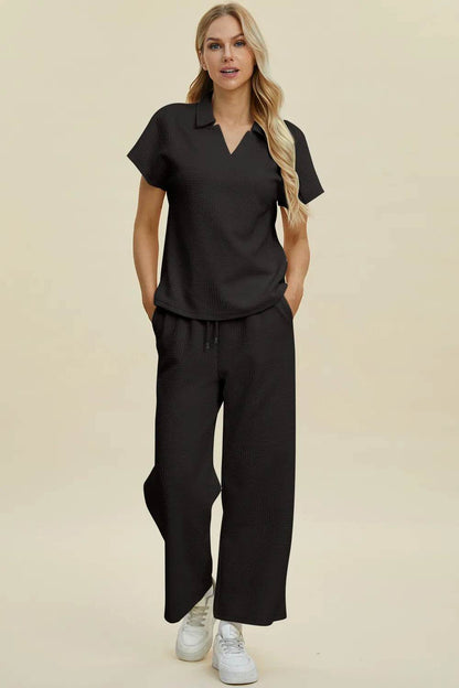 Double Take Full Size Collared Neck Short Sleeve Top and Pants Set - Tredona LLC
