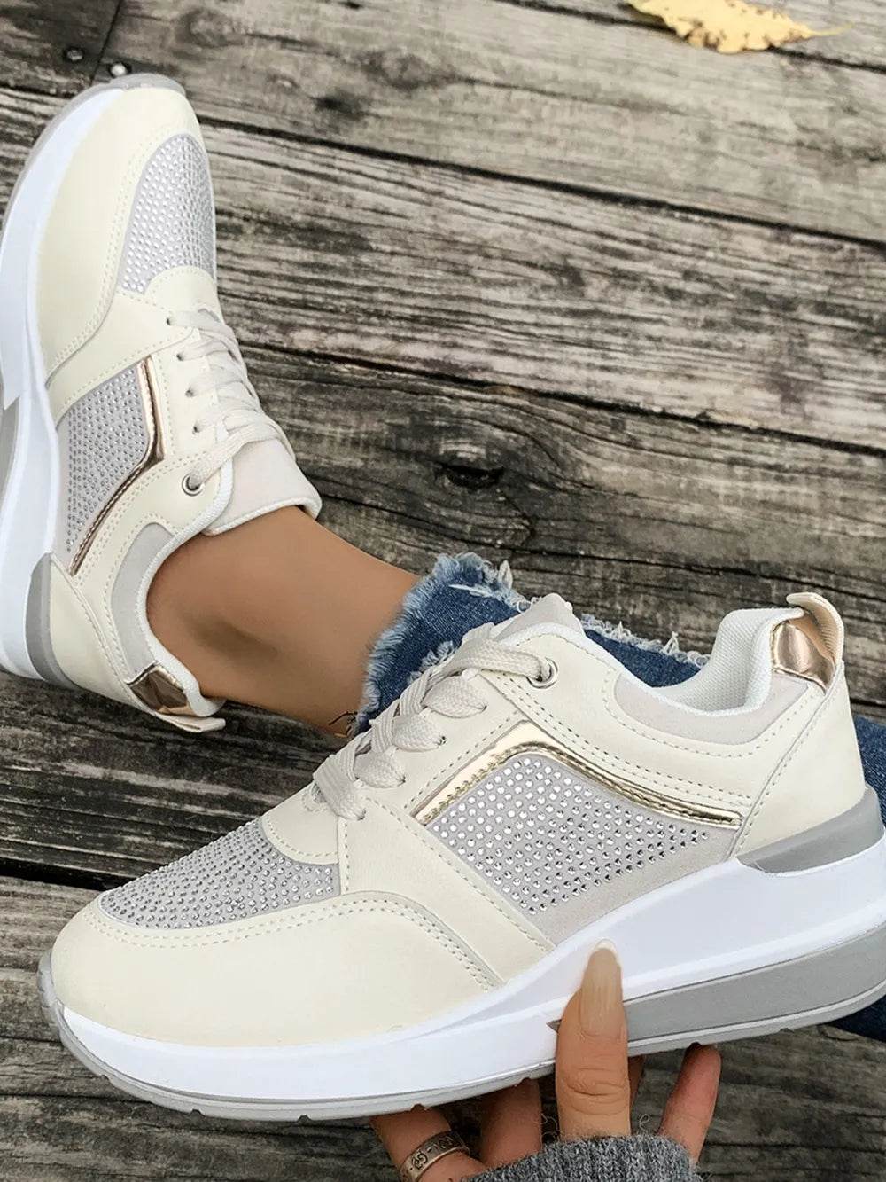 Lace-Up Rhinestone Wedge Sneakers - Tredona LLC
