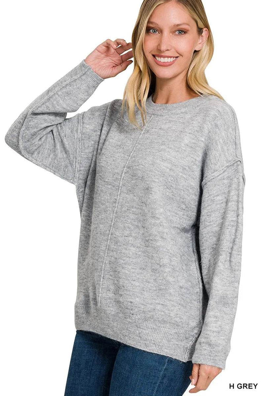 Zenana Melange Front Seam Round-Neck Sweater - Tredona LLC