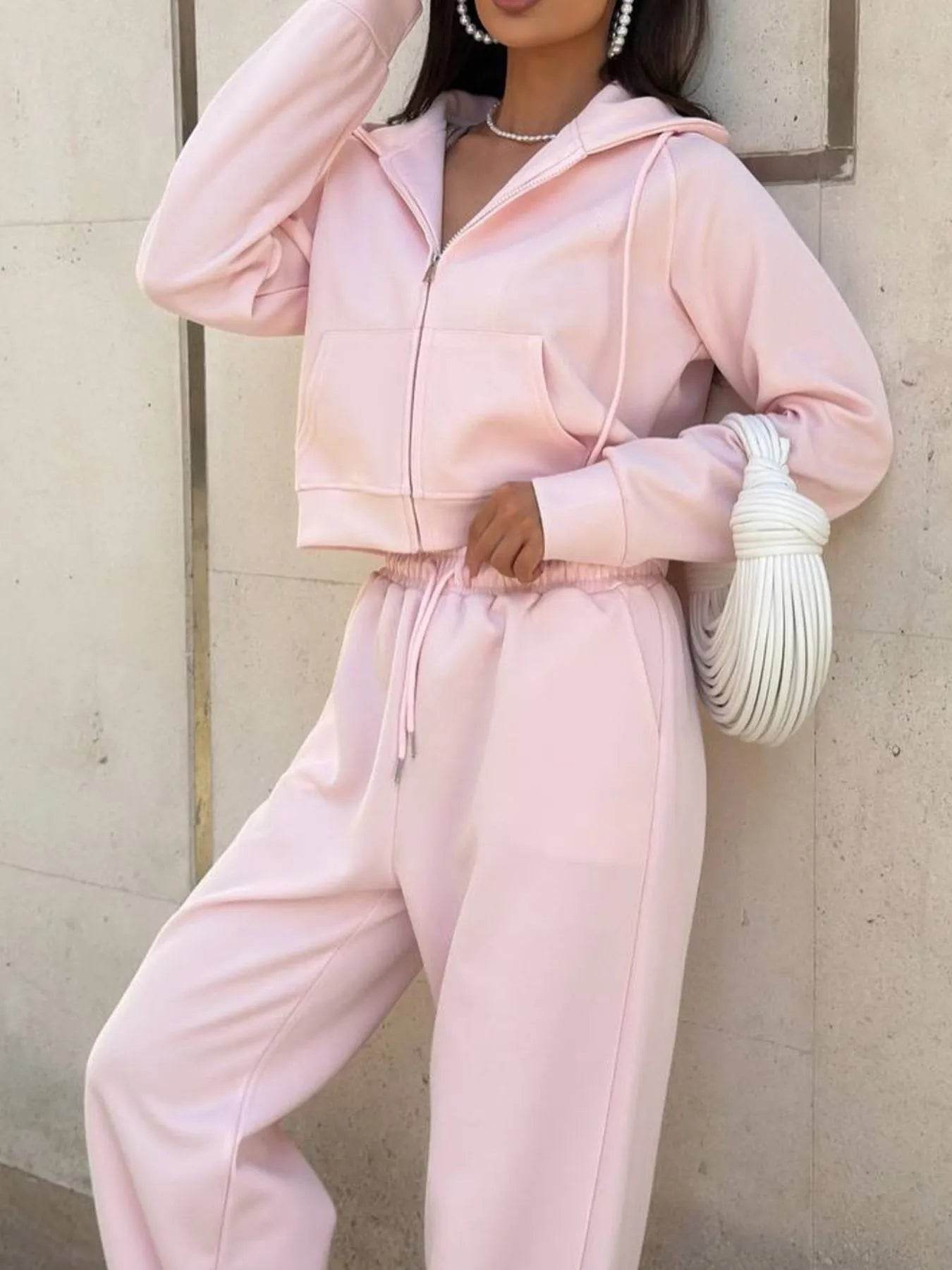 Zip Up Drawstring Hoodie and Pants Set - Tredona LLC