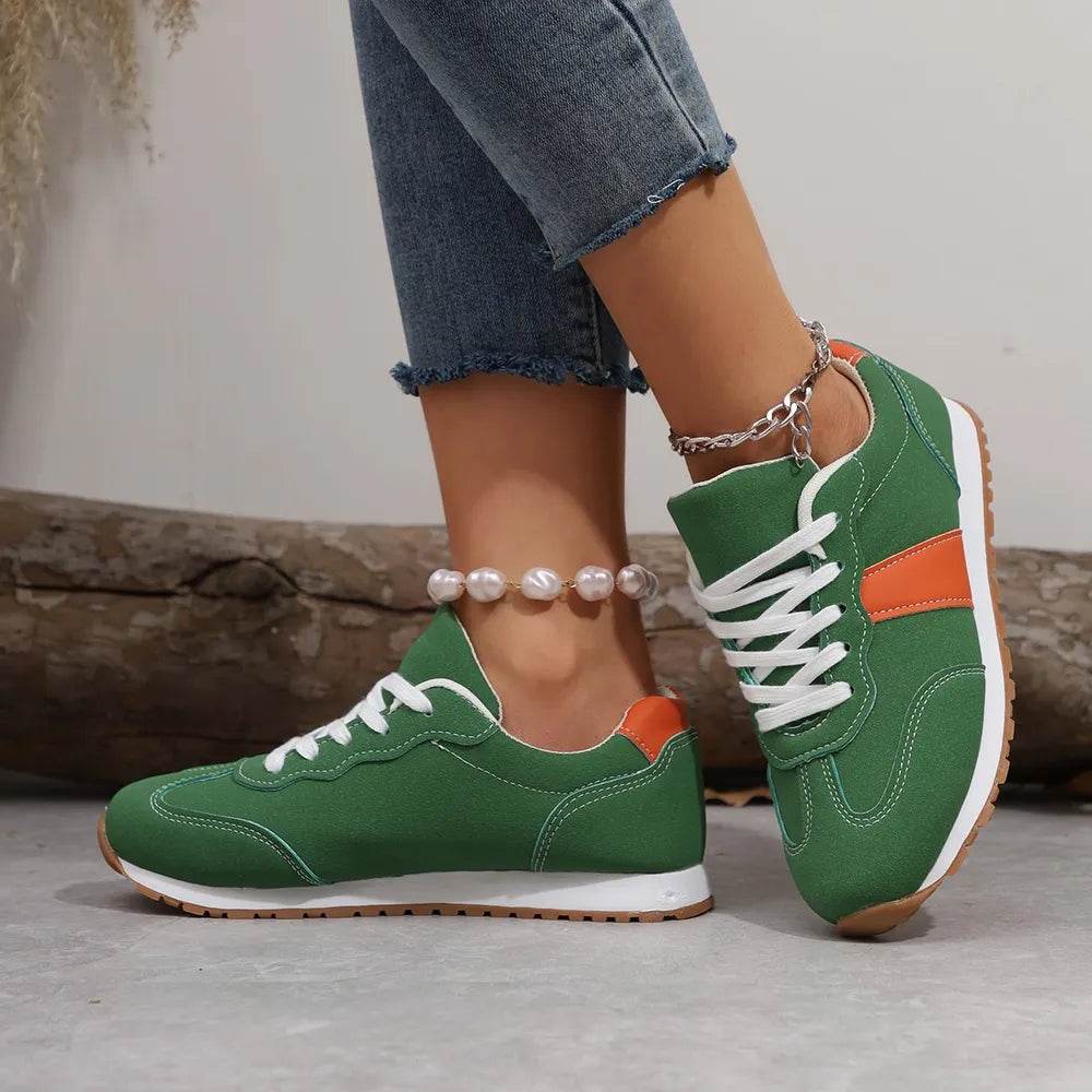 PU Leather Contrast Round Toe Flats Sneakers - Tredona LLC