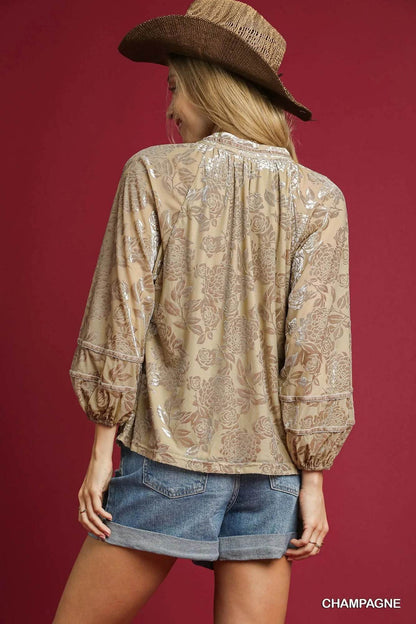 Umgee Floral Velvet Blouse with Balloon Sleeves - Tredona LLC