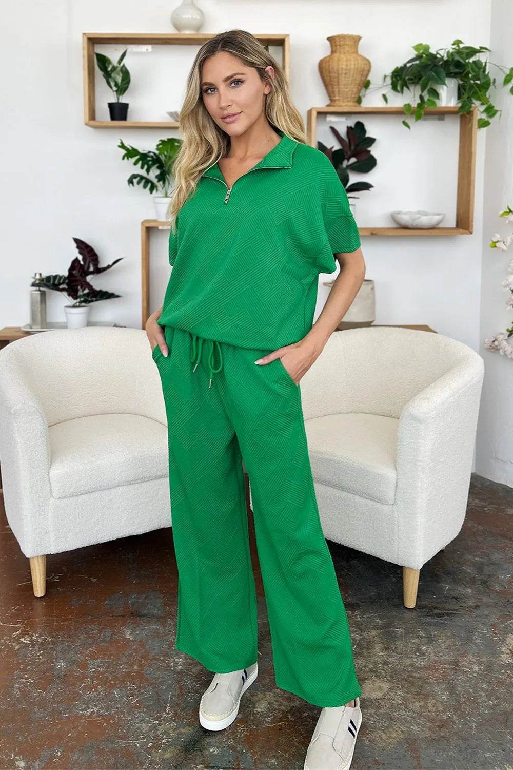 Double Take Full Size Texture Half Zip Short Sleeve Top and Pants Set - Tredona LLC